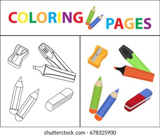Coloring book page. Back to school set, marker, pencils, sharpener, eraser. Sketch outline and color version. Coloring for kids. Childrens education. Vector illustration