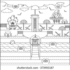 Coloring Book Page with Beach, Lighthouse, sun umbrella, ice cream cafe, sea, sky