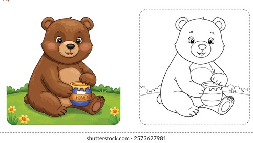 Coloring Book Page With a Bear and a Honey Pot.