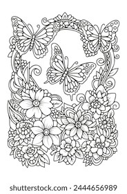 Coloring book page with beautiful flowers and flying butterflies. Background for coloring, art therapy.