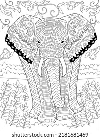 Coloring Book Page With Big Detailed Elephant Walking Forward On Grass. Sheet To Be Colored With Huge Wild Animal Going Ahead. Massive Creature With Details.