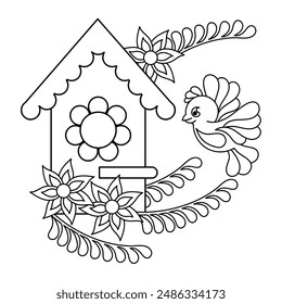 Coloring book page with a bird and a birdhouse for children. Hand drawn Vector illustration.
