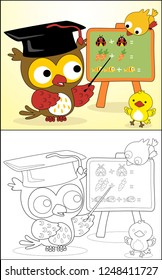 Coloring book or page of birds cartoon. Owl wearing graduation hat teaching math to little birds