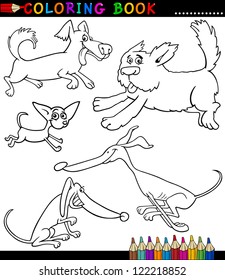 Coloring Book or Coloring Page Black and White Cartoon Illustration of Funny Playful Dogs or Puppies