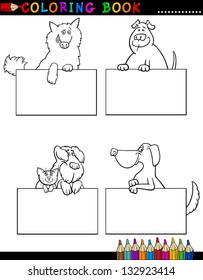 Coloring Book or Coloring Page Black and White Cartoon Vector Illustration of Funny Purebred or Mongrel Dogs with Boards or Cards