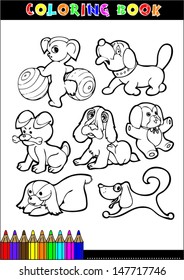 Coloring Book or Coloring Page Black and White Cartoon Illustration of Funny Purebred or Mongrel Dogs