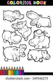 Coloring book page or coloring black and white cartoon of a hippopotamus.