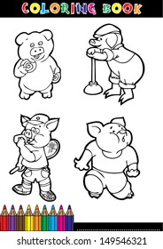 Coloring book page or coloring black and white cartoon of a pig.