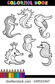 Coloring book page or coloring black and white cartoon of seahorses.