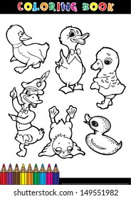 Coloring book page or coloring black and white cartoon of a duck.