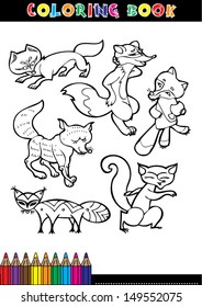 Coloring book page or coloring black and white cartoon of a fox.
