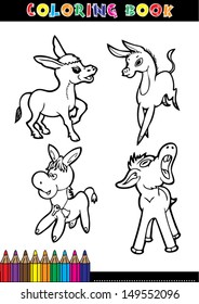 Coloring book page or coloring black and white cartoon of a donkey.