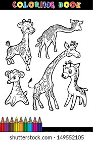 Coloring book page or coloring black and white cartoon of a giraffe.