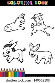 Coloring book page or coloring black and white cartoon of a donkey.