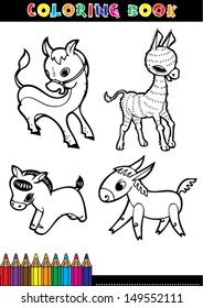Coloring book page or coloring black and white cartoon of a donkey.