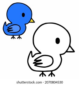Libro o página de color con pájaro azul. Set de imágenes prediseñadas para la impresión de camisetas, prendas de vestir para niños, tarjeta de saludo, etiqueta, parche o pegatina