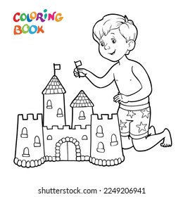 Coloring book or page. The boy is building a sandcastle on the beach. Vector illustration.