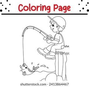 Coloring book page boy fishing