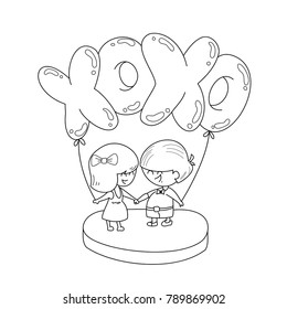 Coloring book page of boy and girl. Valentine's day. Vector illustration. Hand drawn. doodle style.