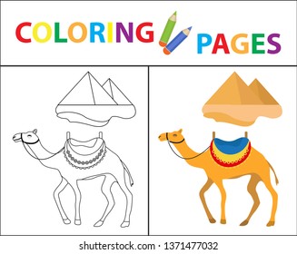 Coloring book page. Camel and pyramid. Sketch outline and color version. Coloring for kids. Childrens education. Vector illustration