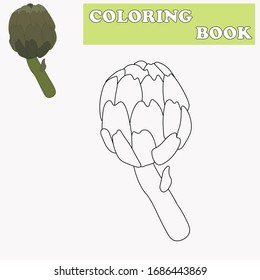 Coloring book or page cartoon of artichoke for kids. Cute colorful veggies as an example for coloring book. Practice worksheet for preschool and kindergarten. Vector illustration