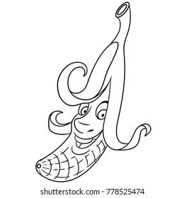 Coloring book. Coloring page. Cartoon Banana. Happy Fruit Emoticon. Smiley. Emoji. Eco Food symbol. Design element for t-shirt print, icon, logo, label, patch, sticker.