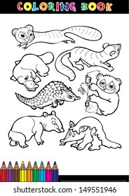 Coloring book page or coloring cartoon black and white animals.