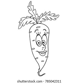 Coloring book. Coloring page. Cartoon Carrot. Happy Vegetable Emoticon. Smiley. Emoji. Eco Food symbol. Design element for t-shirt print, icon, logo, label, patch, sticker.