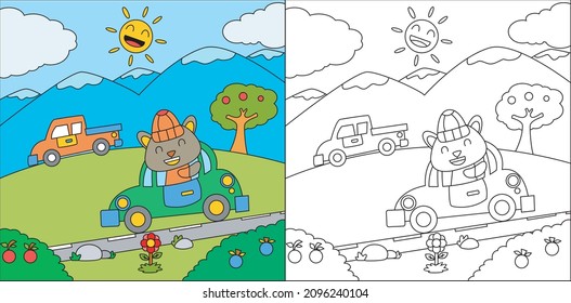 Coloring book or coloring page cartoon cat driving a car