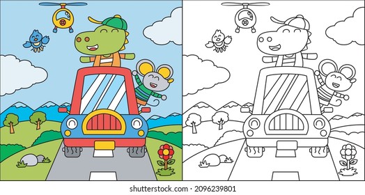 Coloring book or coloring page cartoon crocodile and mouse driving a car