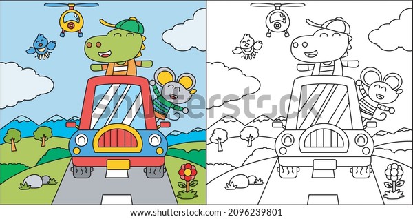 Coloring book or coloring page cartoon crocodile and\
mouse driving a car