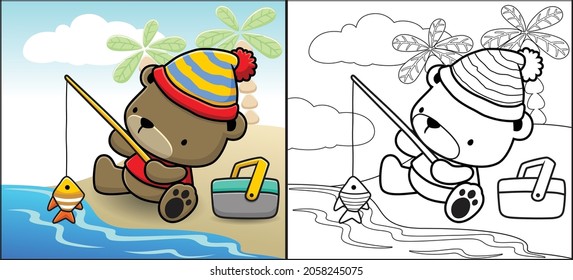 Coloring book or page of cartoon cute bear wearing beanie fishing in the beach