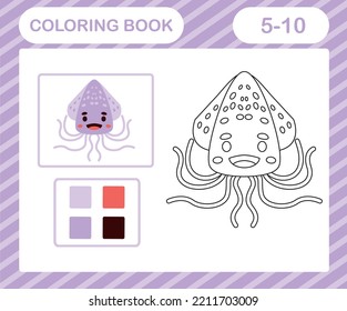 coloring book or page cartoon cute Squid,education game for kids age 5 and 10 Year Old