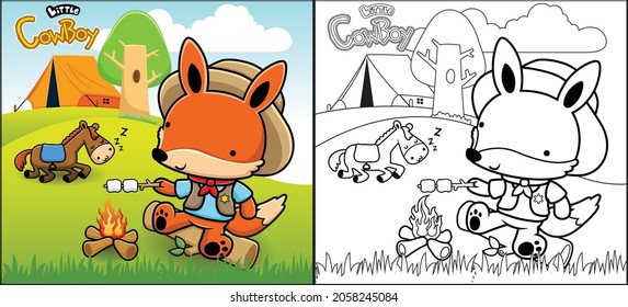 Coloring book or page of cartoon fox in cowboy costume grilling meat in camp ground with horse