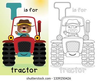 Coloring book or page of cartoon funny  farmer bear on red tractor