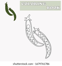 Coloring book or page cartoon of green peas for kids. Cute colorful veggies as an example for coloring book. Practice worksheet for preschool and kindergarten. Vector illustration