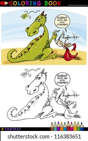 Coloring Book or Page Cartoon Humorous Illustration of Dragon and Knight Fairytale Characters