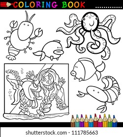 Coloring Book or Page Cartoon Illustration of Funny Marine Animals and Sea Life for Children