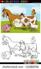 Coloring Book or Page Cartoon Illustration of Funny Farm and Livestock Animals for Children Education