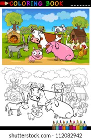 Coloring Book or Page Cartoon Illustration of Funny Farm and Livestock Animals for Children Education