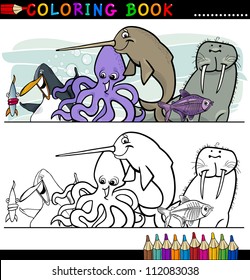 Coloring Book or Page Cartoon Illustration of Funny Marine and Sea Life Animals for Children Education