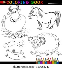 Coloring Book or Page Cartoon Illustration of Funny Farm and Livestock Animals for Children