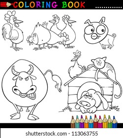 Coloring Book or Page Cartoon Illustration of Funny Farm and Livestock Animals for Children