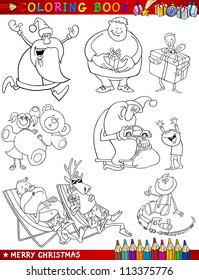 Coloring Book or Page Cartoon Illustration of Christmas Themes with Santa Claus and Xmas Presents for Children