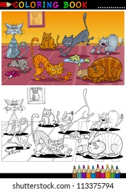 Coloring Book or Page Cartoon Illustration of Funny Naughty Cats in the House for Children