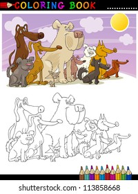 Coloring Book or Page Cartoon Illustration of Funny Sitting Dogs Group for Children
