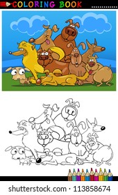 Coloring Book or Page Cartoon Illustration of Funny Dogs Group against Blue Sky for Children