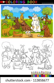 Coloring Book or Page Cartoon Illustration of Funny Dogs Group against Blue Sky for Children