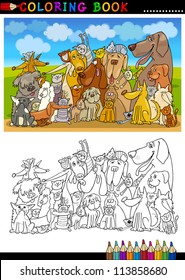 Coloring Book or Page Cartoon Illustration of Funny Sitting Dogs Group against Blue Sky for Children