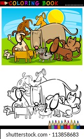 Coloring Book or Page Cartoon Illustration of Funny Dogs Group against Blue Sky for Children